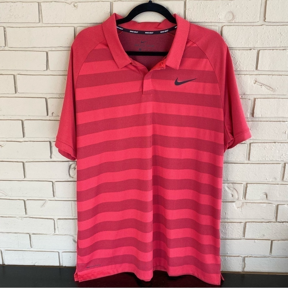 Nike Polo Shirt Men XL Red Striped Zonal Cooling Golf Performance Breathable